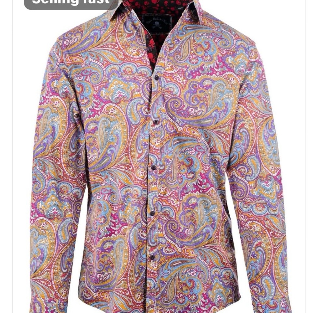 Vibrant Paisley Button Down Shirt with contrasting print at collar and cuffs. - Picture 6 of 6